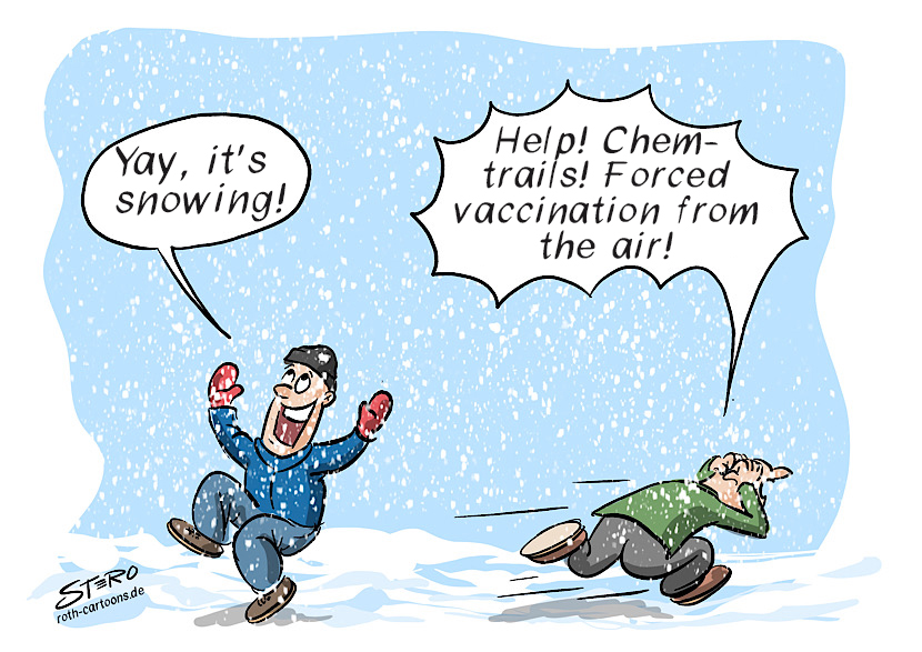 For the one it is snow, for the other ... Cartoon-Comic-Picture about Corona pandemic and conspiracy theories and conspiracy ideologies: Cartoon-Comic-Picture: It's snowing in Corona winter. One man rejoices and shouts: It's snowing! Another runs away screaming because he thinks that the snowflakes are chemtrails and forced vaccination. He probably clings to one of the many conspiracy ideologies.