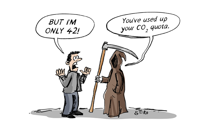 Cartoon on climate change and Co2 emissions. Death picks up a person because he has used up his CO2 quota.
