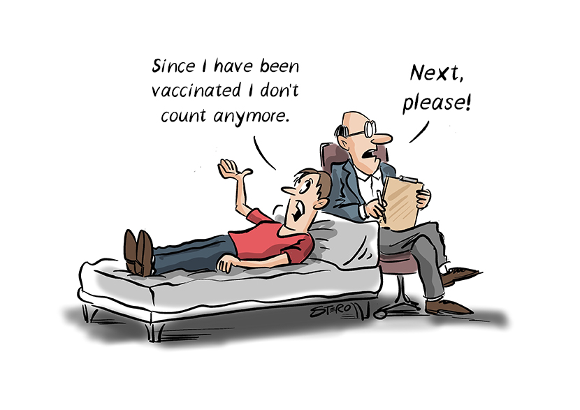 Cartoon about corona vaccination: A man at the therapist says: Since I have been vaccinated, I don't count anymore.