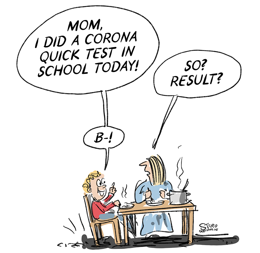 Cartoon on corona quick tests at school: a child tells at lunch that they took a corona quick test at school.